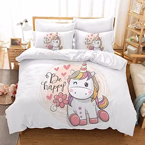 Roze Eenhoorn Beddengoed Set voor Meisjes met 3D Cartoon Print, Dekbedovertrek en Kussensloop, 135 x 200 cm