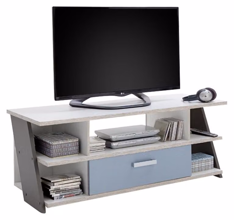 FMD Möbel NONA 5 TV- en HiFi-meubel in Sandeikenhout, wit, Lava en Denim, B/D/H: 135 x 51,6 x 50 cm