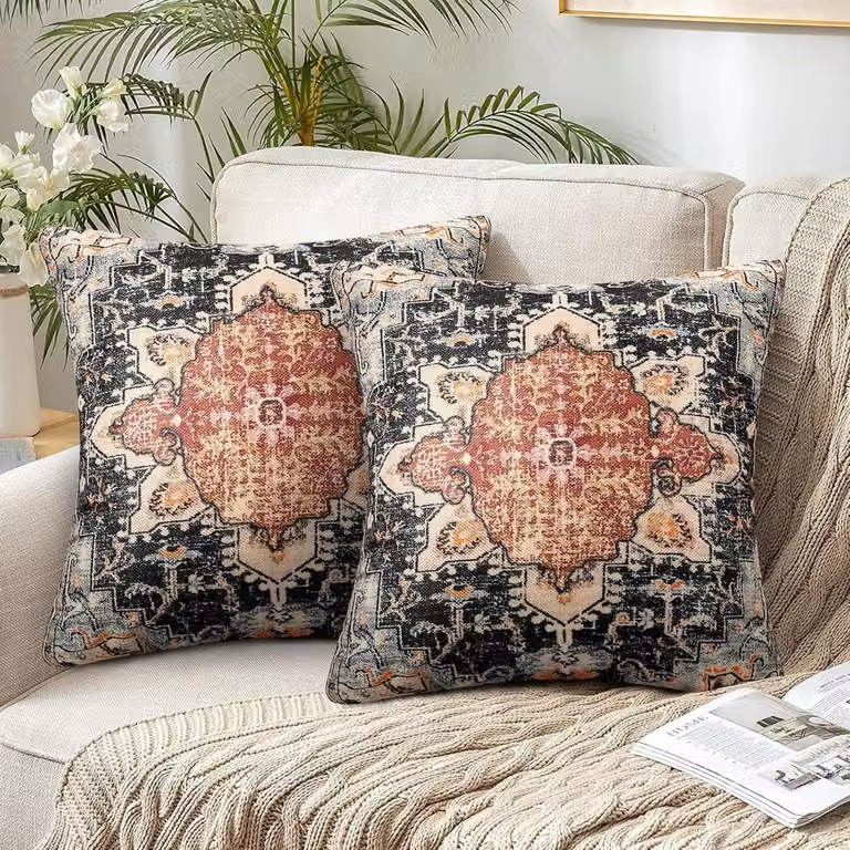 Set van 2 Bohemian Kussenhoezen 45x45 cm - Dubbelzijdig Indie Boho Abstract Linnen - Oranje Decoratieve Kussenhoezen voor Sofa en Tuin
