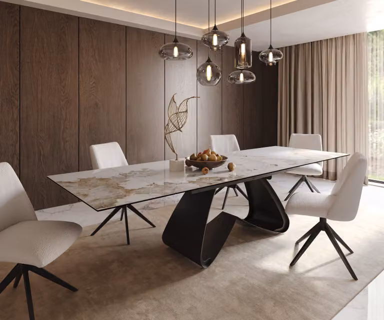 DELIFE Eetkamertafel Edge Minas Melange wit-beige keramiek met zwart W-frame en uitschuifbaar blad