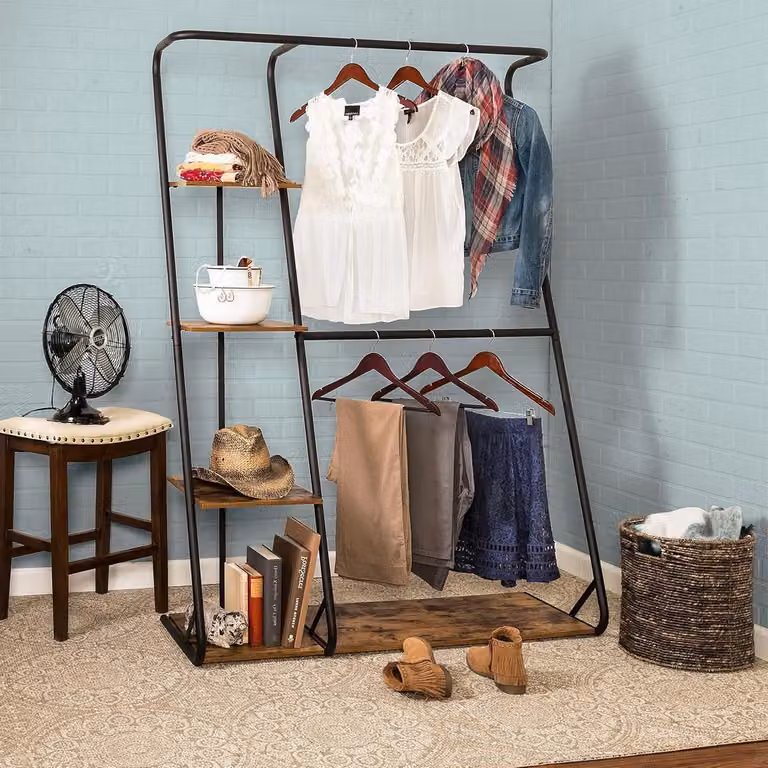 Rustiek kledingrek met planken en dubbele ophangstangen, open kledingkast voor slaapkamer of gang, B/D/H: 122 x 43 x 173 cm