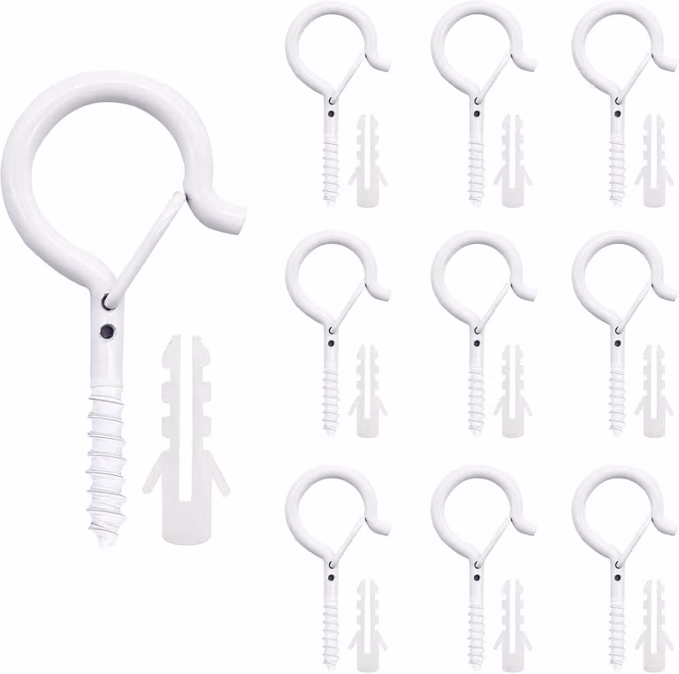 Set van 10 witte Schroef Haken met veiligheidsgesp voor het ophangen van buitenverlichting en lichtslingers