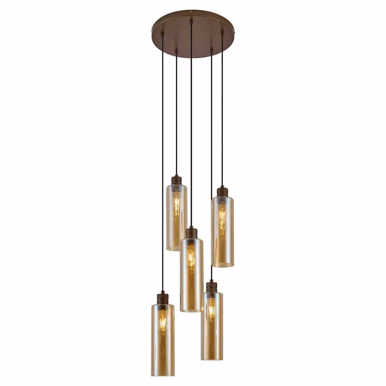 Qazqa Hotel Chique hanglamp brons met amber glas 5-lichts