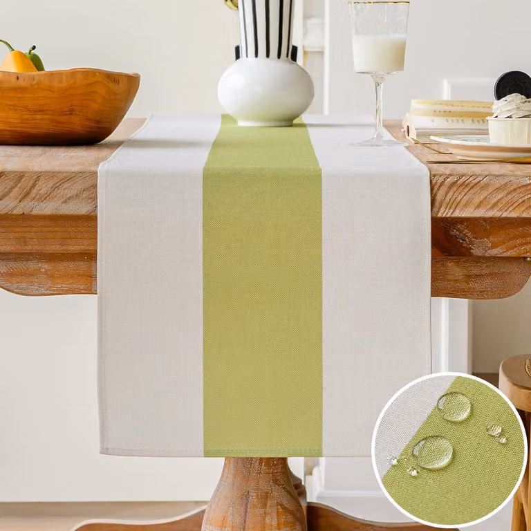 Waterafstotende linnen tafelloper in het groen voor buiten en binnen, 33 x 120 cm