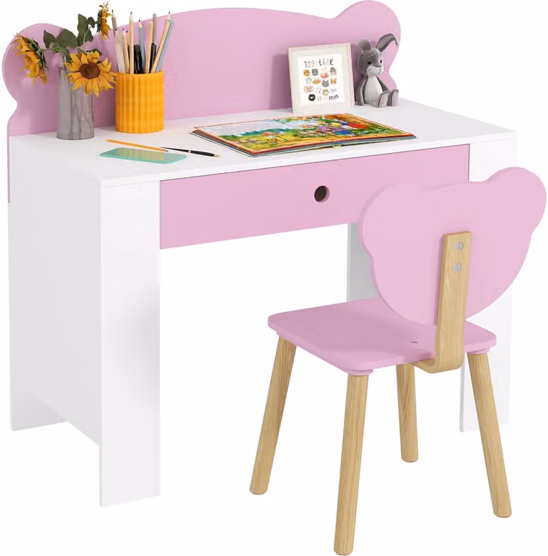 Kinderbureauset met werktafel en stoel in de vorm van een beer met lade, roze, voor kinderen van 3 tot 8 jaar