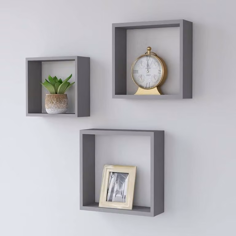 Wandrek Kubussen Plankenset Grijs - 3 Stuks - Decoratie Opslag met Onzichtbaar Montagesysteem