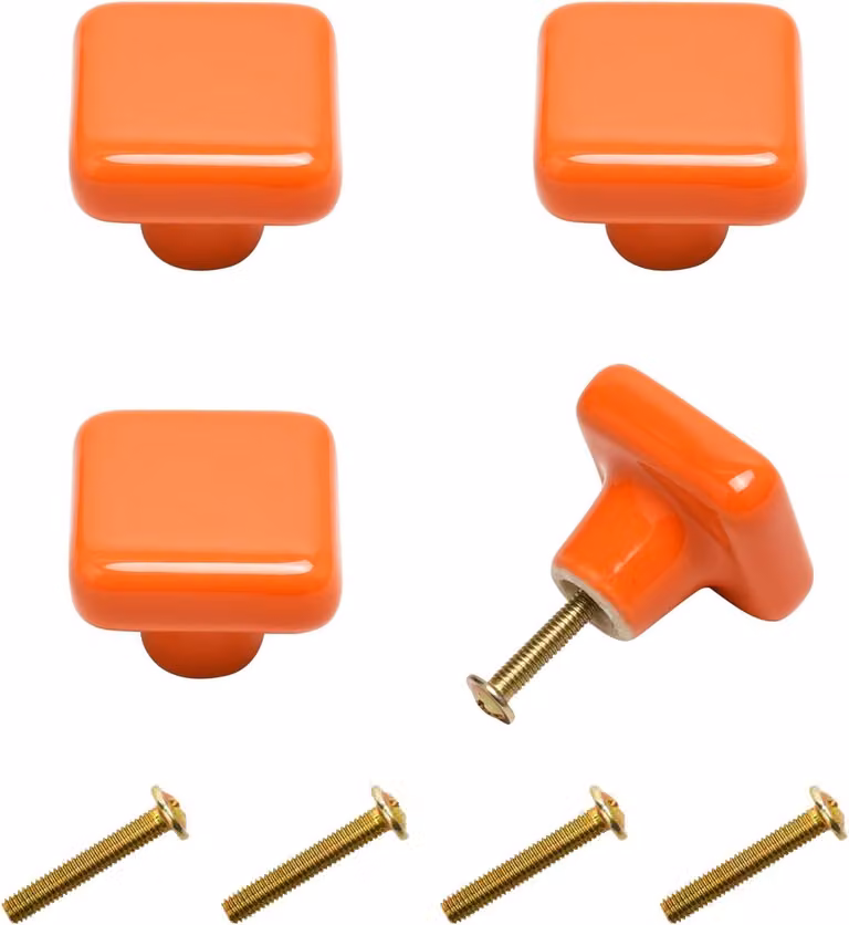 Set van 4 vierkante oranje keramische knoppen voor moderne meubels