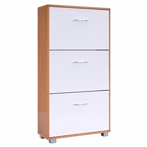 CASARIA Schoenenkast Smal met 3 Kleppen Wit/Beuken B/D/H: 115 x 24 x 60 cm