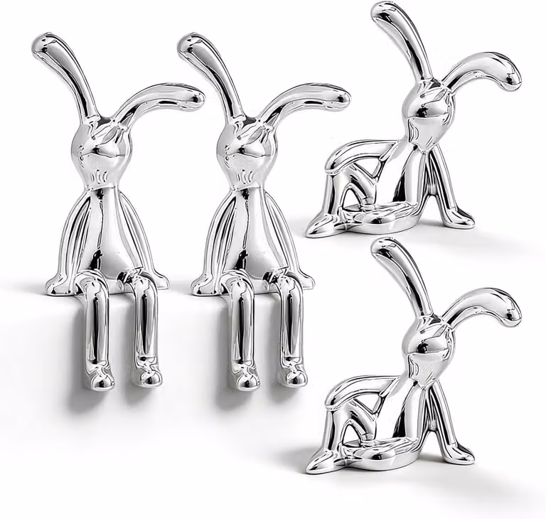 Set van 4 zilveren konijnbeelden met witte en gouden decoratie voor in je woonkamer of kantoor