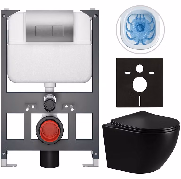 CERANO Toiletset met vloerplaat en wandtoilet, Groen-zwart glanzend, met zilveren Prime/Modulo bedieningsknop, laag model, 49 x 36 cm