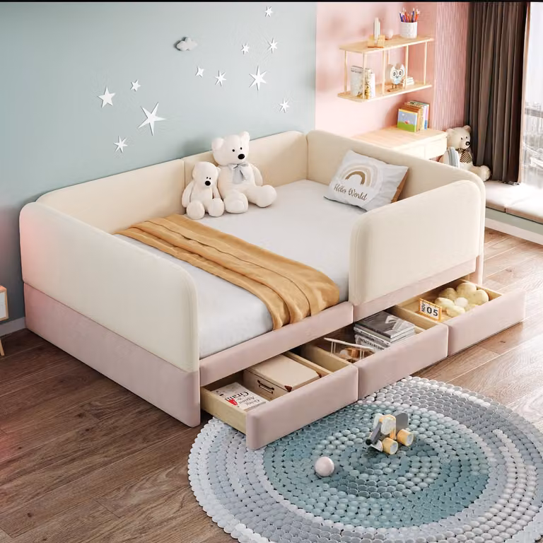 PHOEBE CAT Kinderbed met 2 lades en gevoerde veiligheidszijhekken - Beige en Roze - 140 x 200 cm