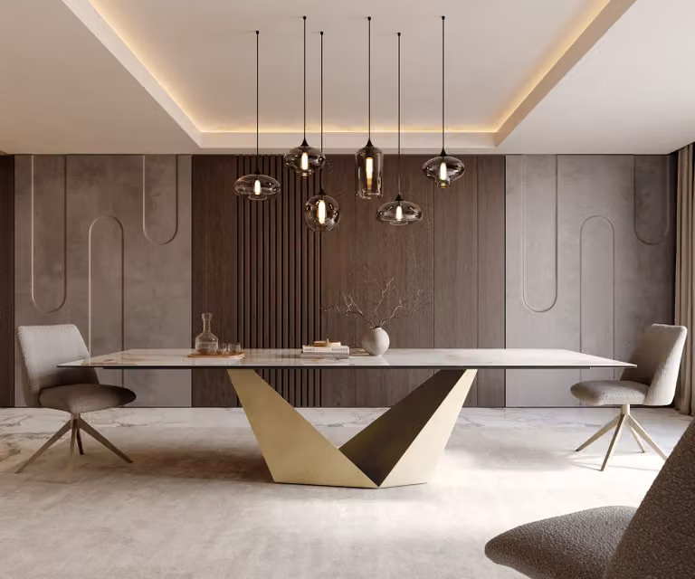 DELIFE Eettafel Edge Keramiek Minas Melange Wit-Beige met Prisma Metaal Goud B: 300 cm, D: 100 cm
