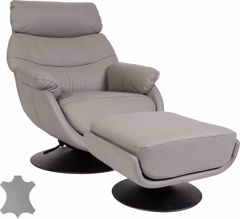 Mendler Relaxfauteuil met voetenbank HWC-K99, tv-fauteuil met schommel- en draaifunctie, grijs, echt leer/kunstleer en metaal