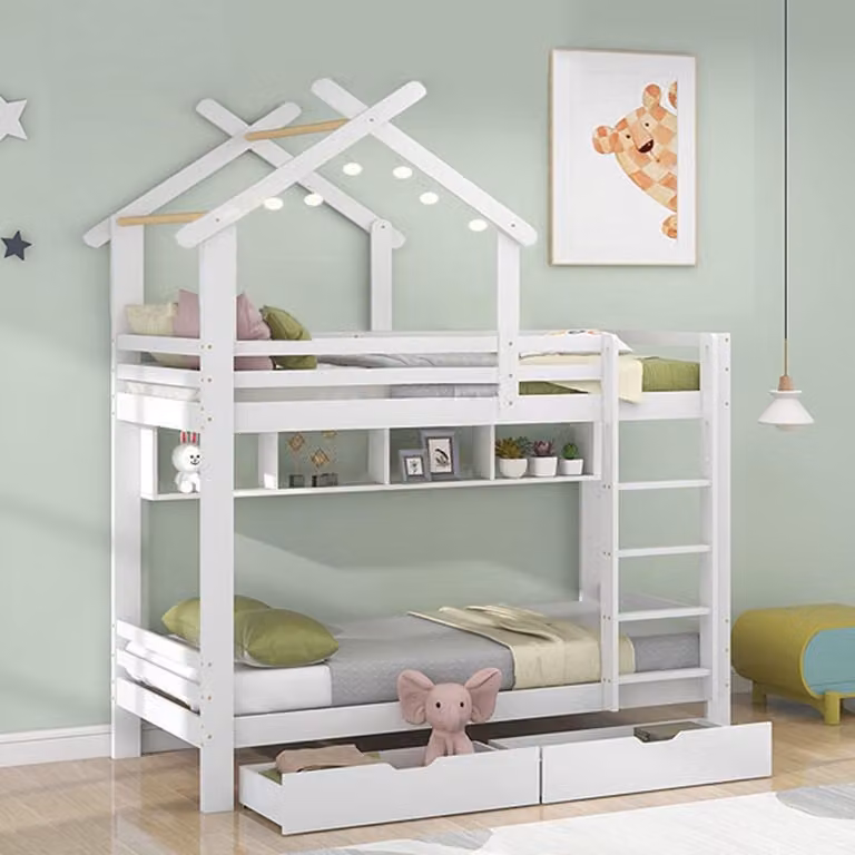 HAUSS SPOLE Stapelbed voor kinderen met laden en planken, Wit, 90 x 200 cm