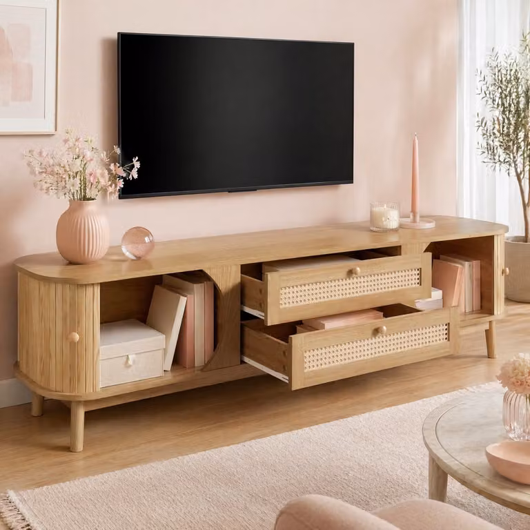HAUSS SPOLE Tv Meubel met Deuren en Lades in Natuurlijk Hout met Rattan Fronten, B/D/H: 170 x 46 x 39,5 cm
