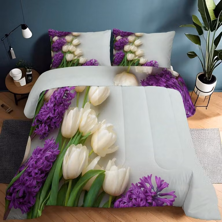 Lichtgrijze gewatteerde omkeerbare bedsprei met bloemenpatroon, 200 x 200 cm