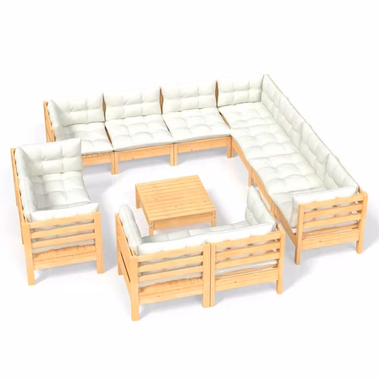 vidaXL 12-delige loungeset voor de tuin met crème kussens van massief grenenhout