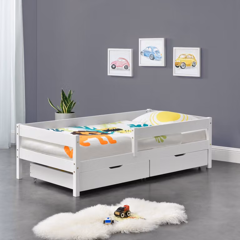 en.casa Kinderbed van grenenhout met valbeveiliging en lades, wit, 90 x 200 cm