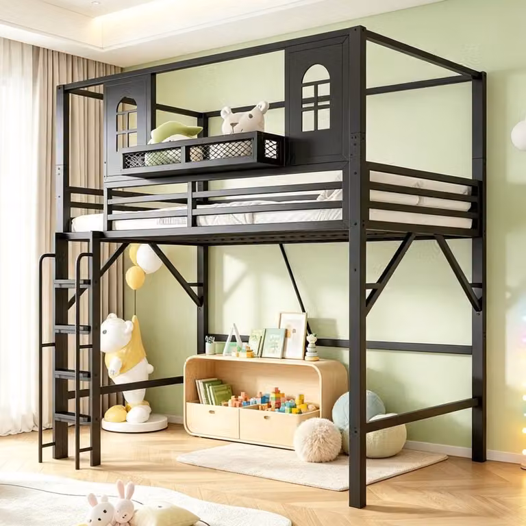 KOMHTOM Kinderhoogslaper met dakontwerp en veiligheidsladder, metalen eenpersoons hoogslaper met speelruimte en opbergvak, zwart, 90 x 200 cm