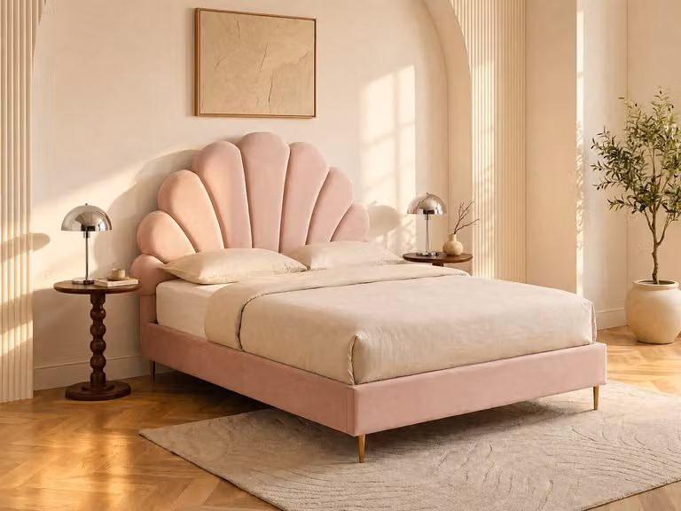 LIVAYA Bed met schelpvorm in roze fluweel inclusief matras, 160 x 200 cm