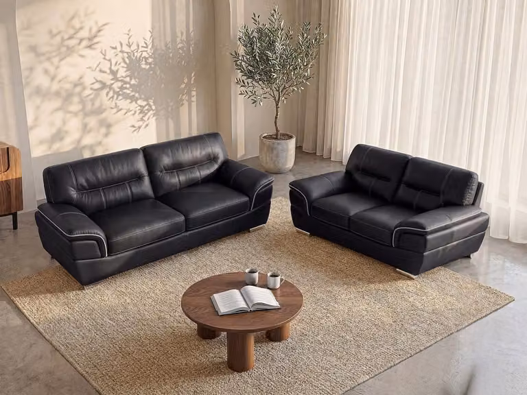Vente-unique Thibault leren bank set voor woonkamer in zwart met houten frame