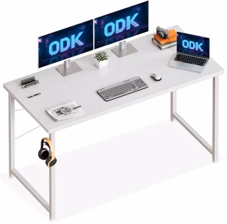 Wit computerbureau met hooftelefoonhouder voor thuis en kantoor, Breedte: 120 cm, Diepte: 48 cm