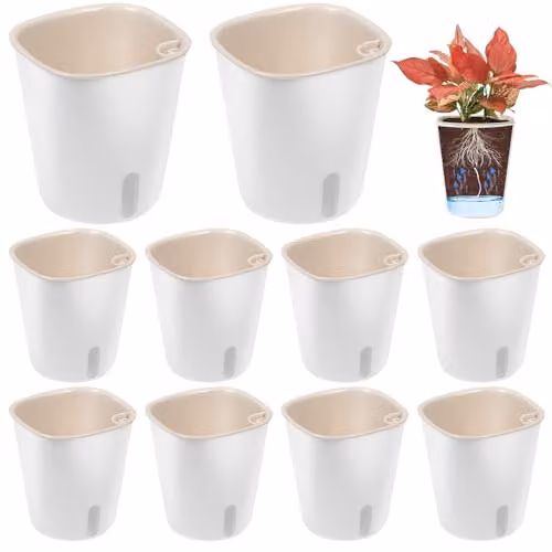 GOMETY 10 stuks Zelfbewaterende Bloempotten Wit met Waterniveau-indicator, B: 7,5 cm, D: 8,5 cm