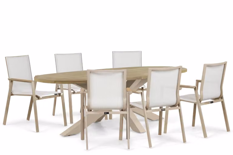 Lifestyle Garden Furniture Fiora/Brookline eettafel van teak met 6 stoelen, beige, B: 240 cm, D: 120 cm