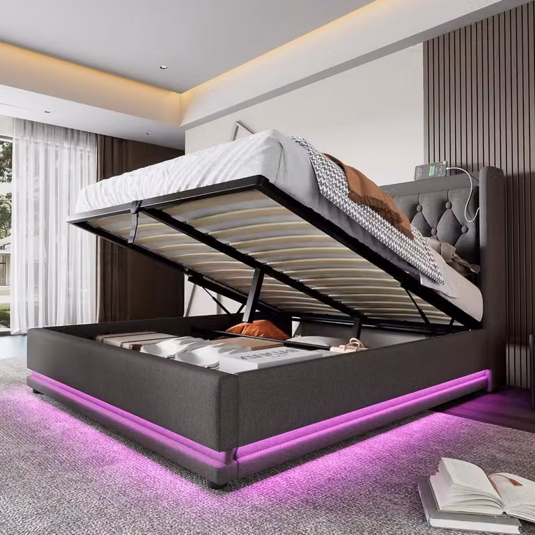 Grijs katoenen boxspring bed met geïntegreerde opberglade, 160 x 200 cm