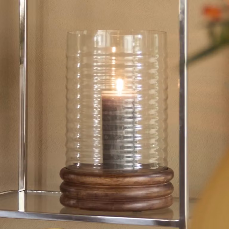 Light en Living Windlicht MALDA van bruin mango hout en transparant glas, Diameter: 23 cm, Hoogte: 34,5 cm