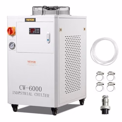 VEVOR Industriële waterkoeler CW6000, 1500 W waterkoelsysteem met compressor, 15 l watertankcapaciteit, 65 l/min max. doorstroomsnelheid, wit