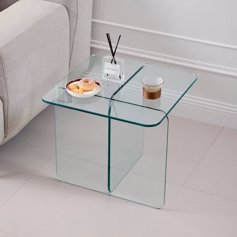 REDOM Bijzettafel met gebogen vorm en gehard glas, Transparant, B/D/H: 45 x 45 x 51 cm