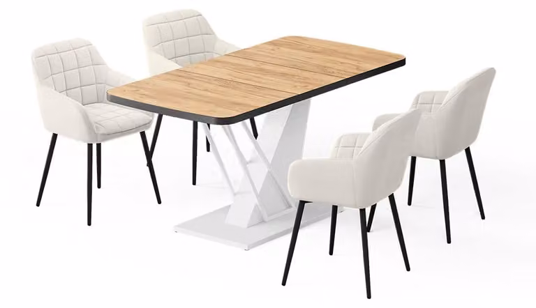 Vicco Fenaro Eettafelset met 4 eetkamerstoelen, Goudkleurig Eiken/Wit, B/D: 120 x 80 cm