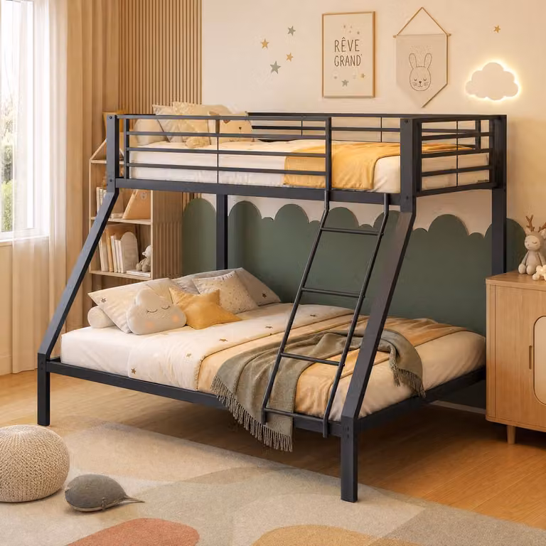 OKWISH Ruimtebesparend Familiebed met Veiligheidshekje en Verplaatsbare Ladder, Zwart Metaal, B/D/H: 140 x 200 cm en 90 x 200 cm