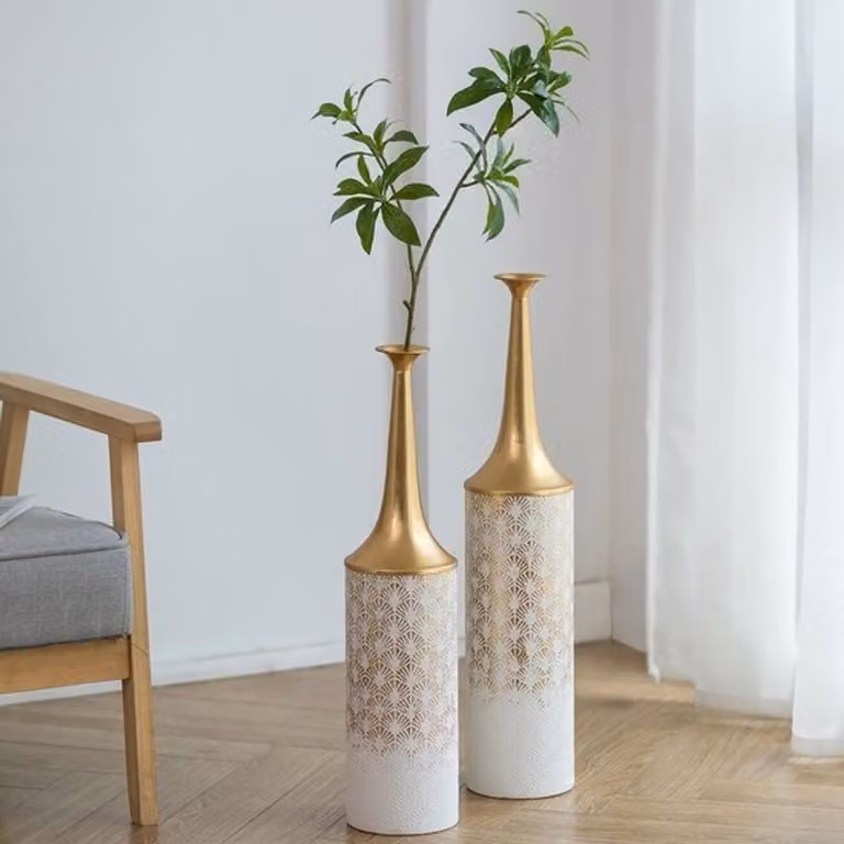 Set van 2 Metalen Vloervazen in Wit en Goud - Grote Vintage Decoratie