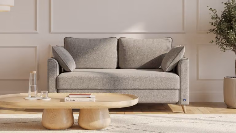 BRUNO slaapbank in taupe grijs-beige met massief houten frame en boxspringcomfort, 140 cm