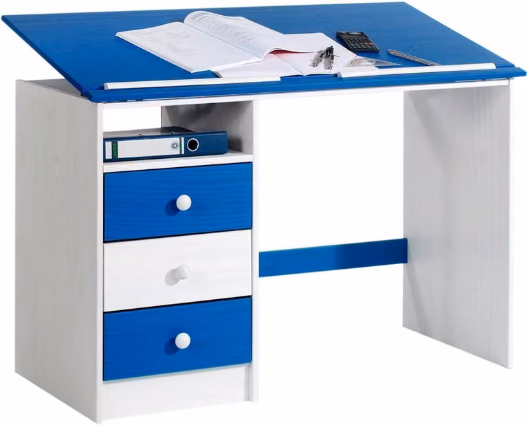 Kinderbureau met kantelbaar tafelblad voor huiswerk en schrijven, Wit blauw, B: 115 cm, D: 73 cm