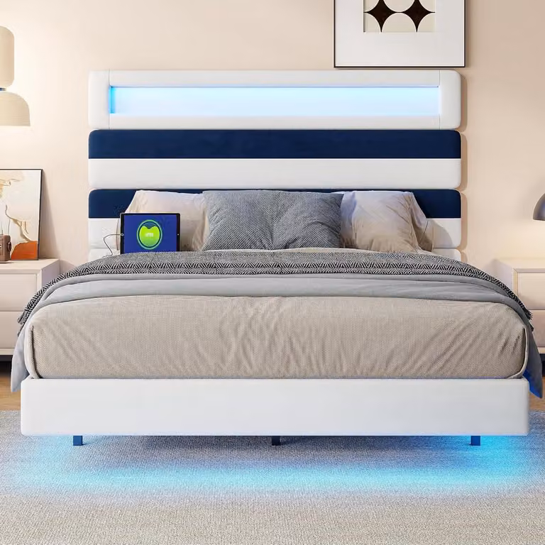 Modern zweefbedframe voor volwassenen met LED-verlichting en USB-oplaadpoort, strepenpatroon, B/D: 140 x 190 cm