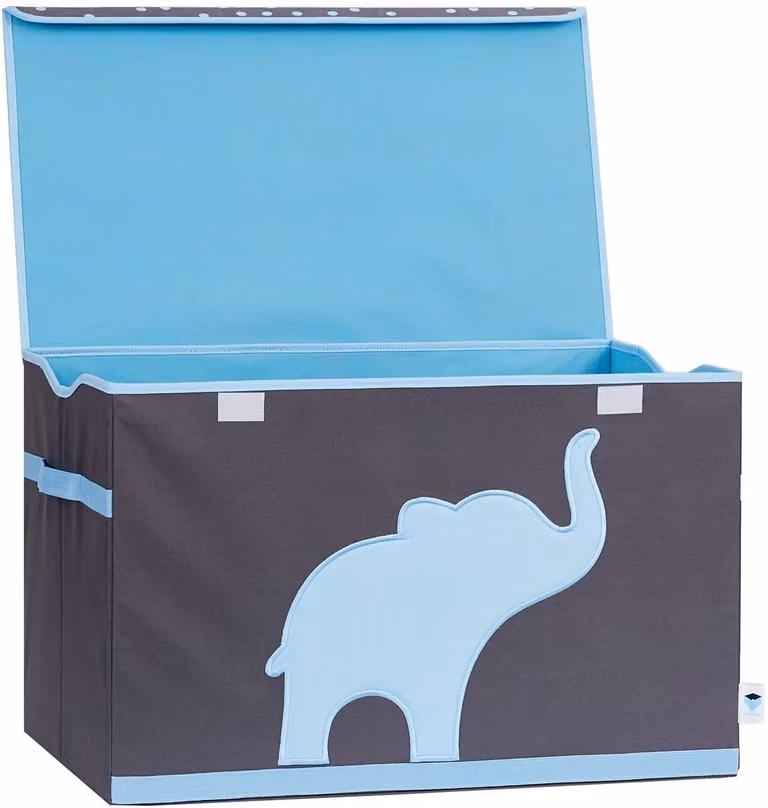 SnelShoppen Grote Opbergdoos met Deksel - Stoffen Speelgoeddoos voor Kinderen - Grijs met Blauwe Olifant - B/D/H: 62 x 38 x 39 cm