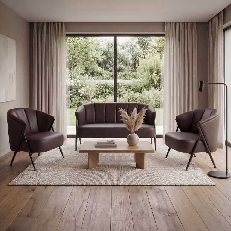 Mendler Woonkamerset HWC-P30 met 2-zits sofa en 2 fauteuils, donkerbruin kunstleer en metalen frame, industriële vintage stijl