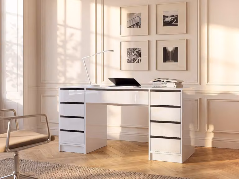 JENEMI Bureau met 9 lades - Hoogglans wit - B: 152,3 cm, D: 76,0 cm, H: 53,6 cm