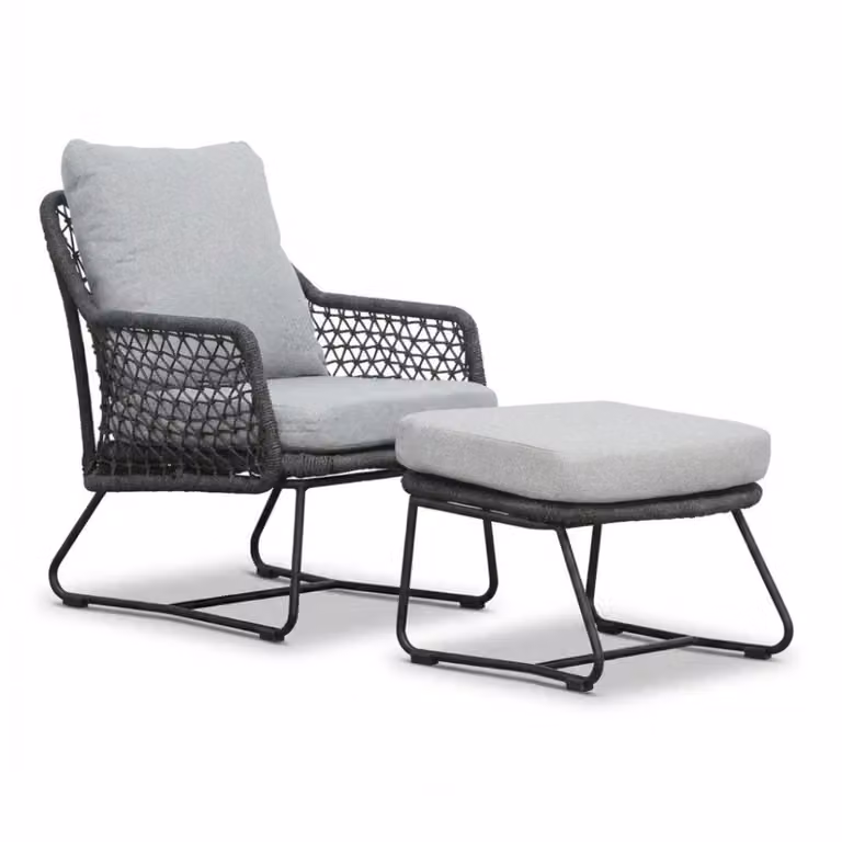 Gianna loungestoel voor in de tuin inclusief voetenbank, touw en aluminium, Stone Grey