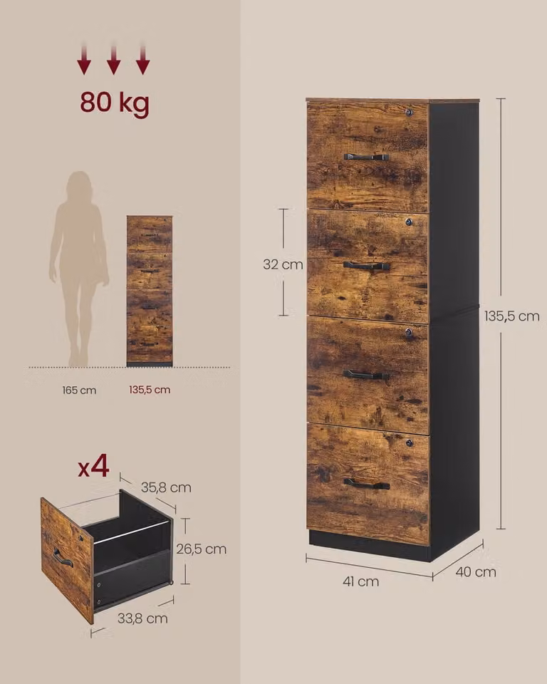 Vasagle Archiefkast met 4 Lades en Verstelbare Hangstangen voor Homeoffice