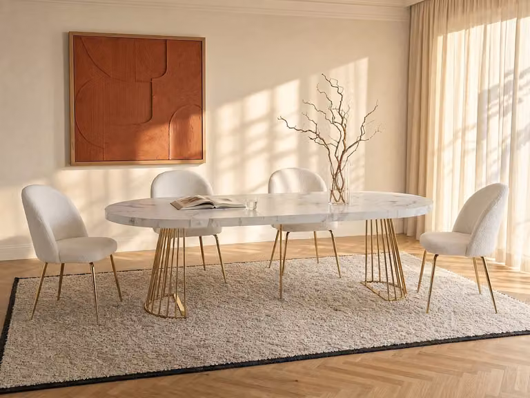 FIRELA Uitschuifbare ronde eettafel voor 8+ personen in wit en goud marmereffect van MDF en metaal