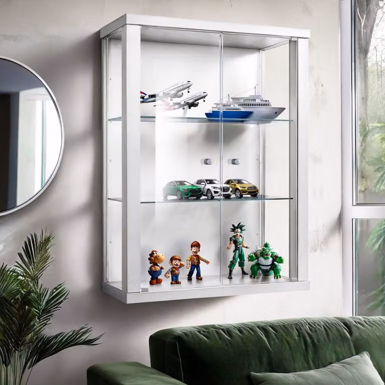 K-Möbel Hangende Vitrinekast met 2 Glazen Deuren en Verstelbare Glasplanken - Wit - B: 80 cm, D: 25 cm, H: 60 cm