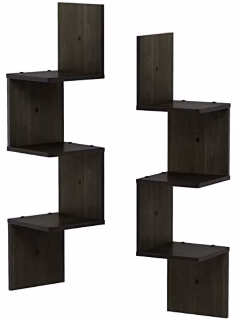 Furinno Rossi Set van 2 Zwevende Vierkante Hoekplanken voor aan de muur, 3-laags, Espresso