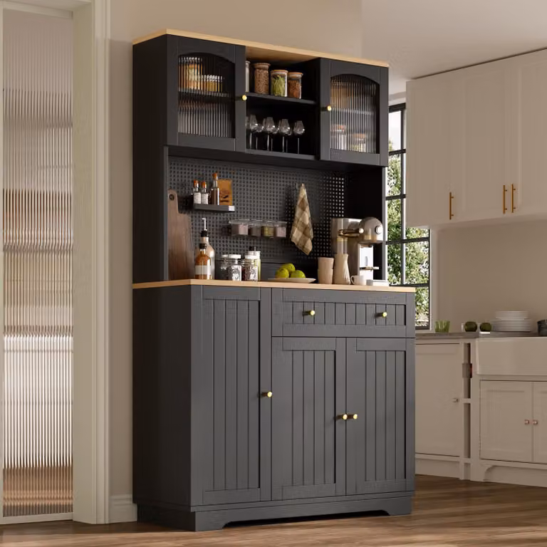 MODFU Keukenwandkast met glazen vitrine en lade, Zwart, B: 103,5 cm, D: 40 cm, H: 180 cm