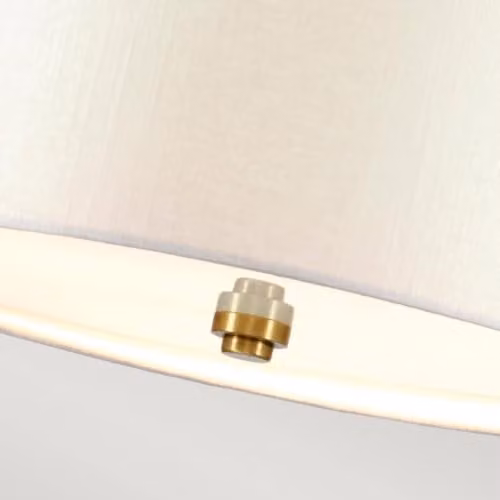 Designix Grote kroonluchter 7-lichts verouderd messing met crème stoffen kappen, Ø 86,4 cm