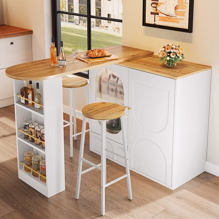MIVRAY Barset Keukeneiland met opbergruimte en 2 barkrukken - Wit - B: 138 cm, D: 39 cm, H: 105 cm