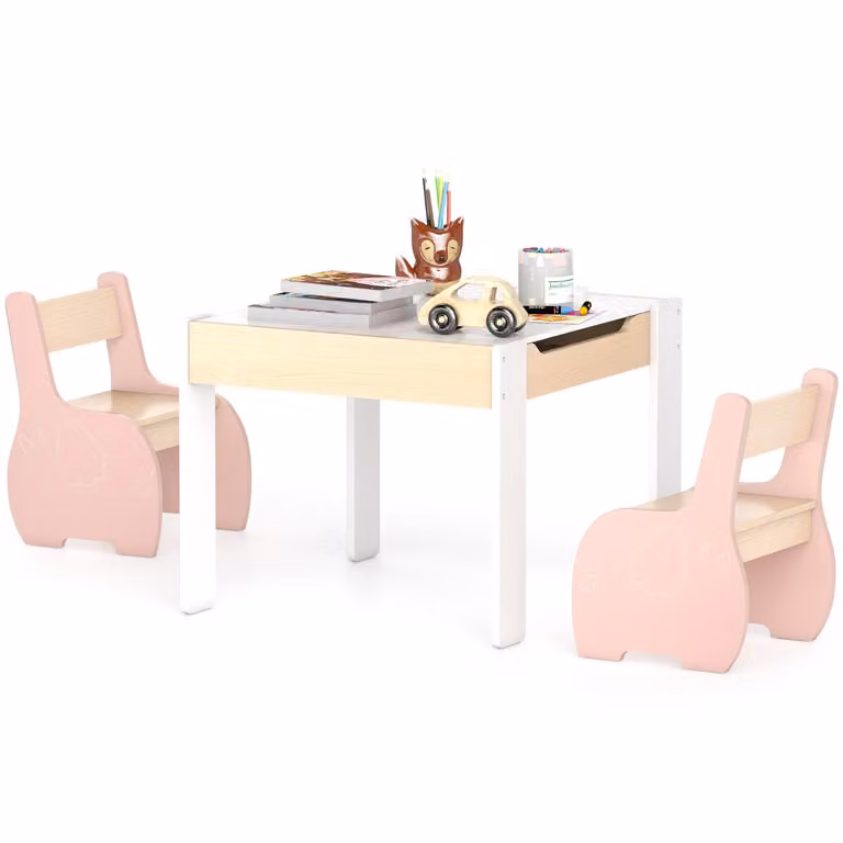 Costway 4-in-1 houten kinderzitgroep met afneembare tafel en opbergruimte in het roze